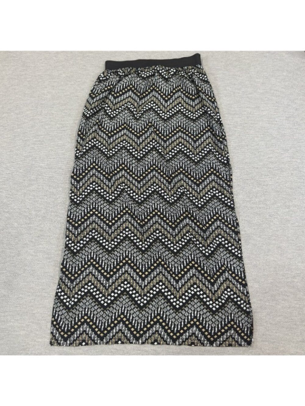 Discreet Maxi Skirt M Pull On Side Slits Elastic Waist Chevron Black Cream Tan - Picture 4 of 16